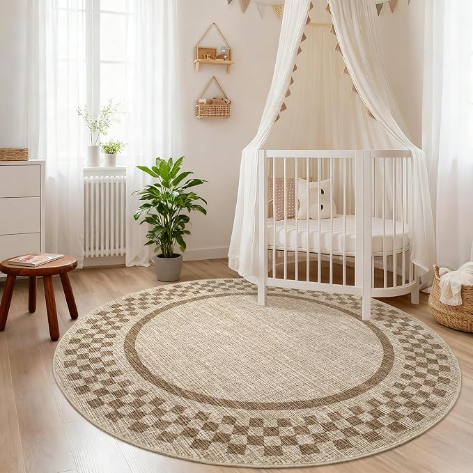6ft Washable Round Rug for Entryway Modern Checkered Bedroom Circle Rug Non - Image 9