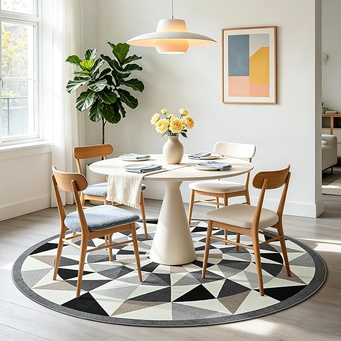 Terrug Grey and Beige Geometric Round Rug 4ft - Image 3