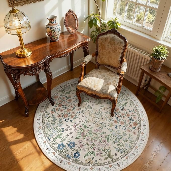 Washable Round Rugs for Bedroom 4ft: Living Room Rug Stain Resistant Non Slip - Image 2