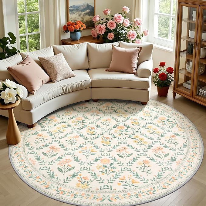 Round Area Rug for Living Room: 8 ft Floral Washable Circle Rug Soft Boho by PLHXFRSoftAreaRugs