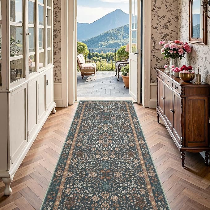 jinchan Zenith Floral Runner Rug 3x10 Washable Kitchen Runner Non-Slip Low-Pile - Image 3