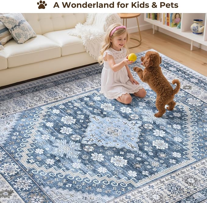 5x7 Blue Area Rugs, Washable Living Room Rug, Vintage Boho Carpet, Non Slip & - Image 4
