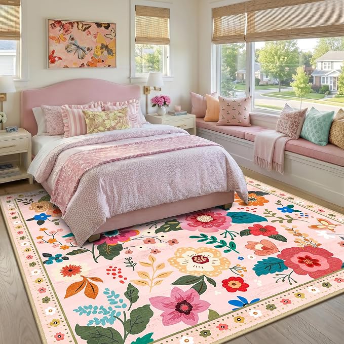 RELEANY Floral Square 8ft Area Rugs Washable Print Boho Cute Carpet Non Slip - Image 6