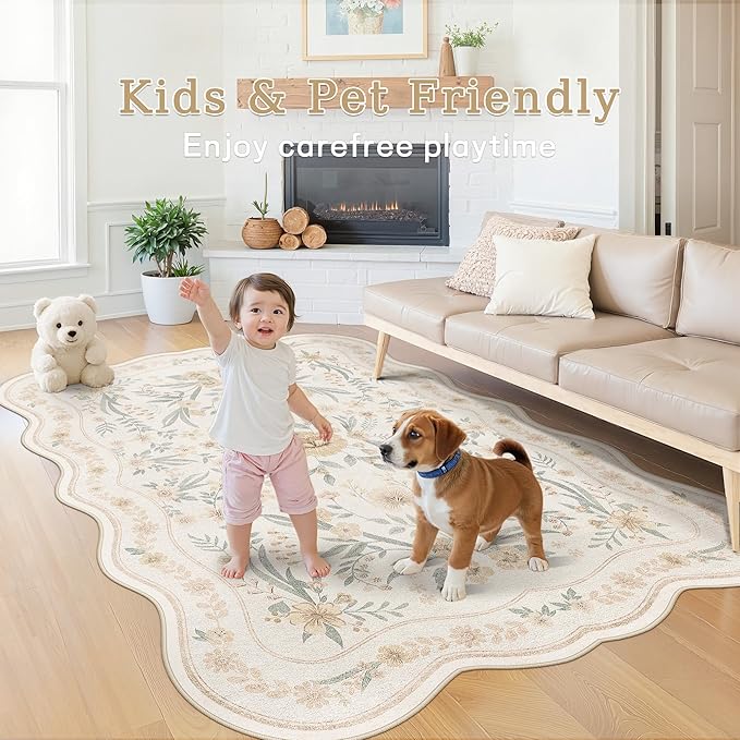 Scalloped Floral Rug 7x9, Neutral Beige Washable Non Slip Area Rug - Image 3