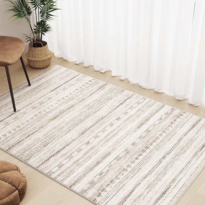 3x5 Area Rug Machine Washable Non Slip Rug Distressed Neutral Moroccan Boho Rug - Image 3