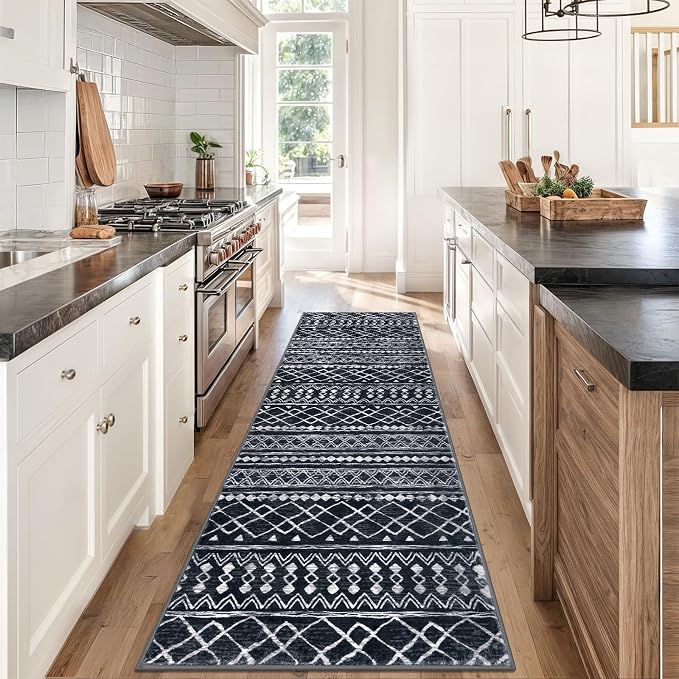 KUTA Moroccan Washable Runner Rug 2.6x8, Non-Slip Vintage Black Boho Hallway - Image 2