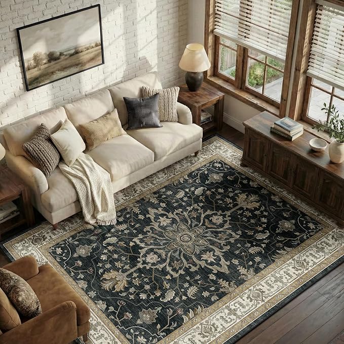 RELEANY Area Rugs 6'x8' Washable Non-Slip, Floral Vintage Distress Medallion by RELEANY
