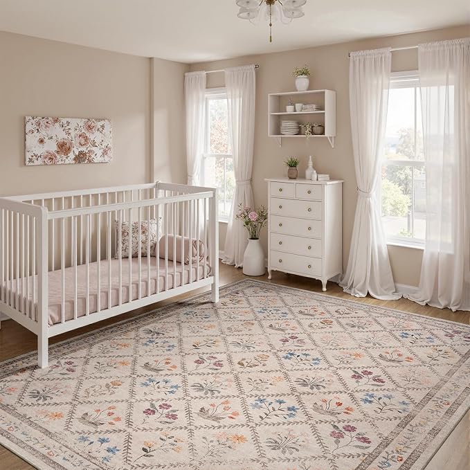 DCX Washable 6x9 Rose Biege Floral Rug - Image 2
