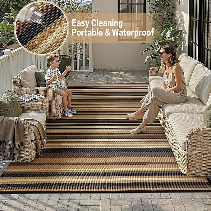 Outdoor Plastic Straw Rug Waterproof Patio 9x12 Brown Black Stripe Mat - Image 5