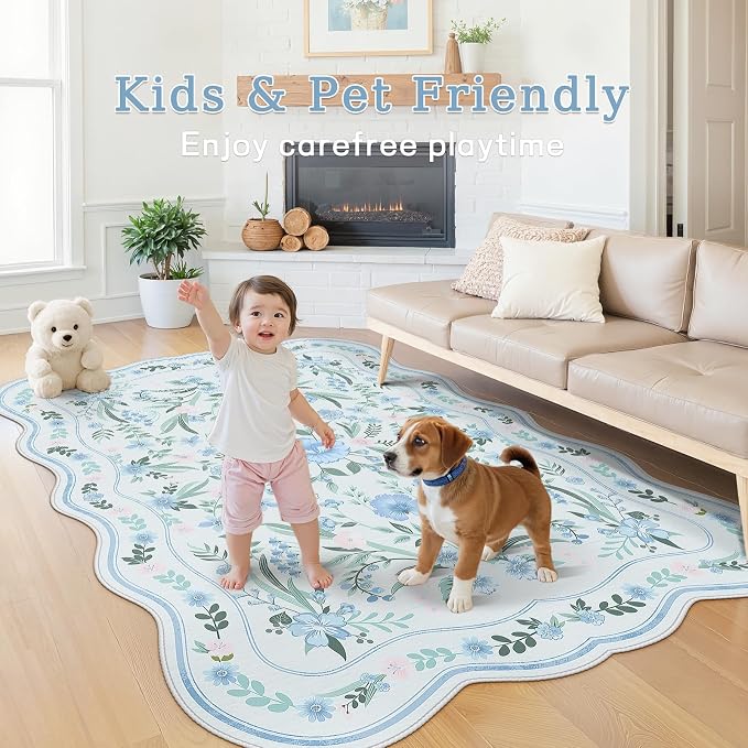Blue Floral Rug 4x6 for Girls Bedroom or Nursery, Scalloped Washable Non-Slip - Image 4