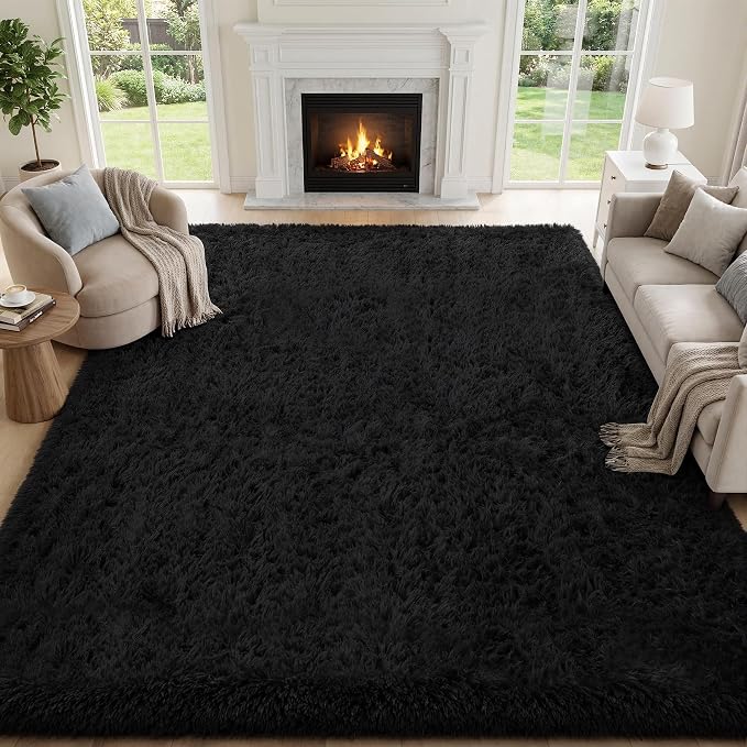 8x10 Area Rugs for Living Room Bedroom: Soft Fluffy Black Shag Upgrade Non-Slip by PLHXFRSoftAreaRugs