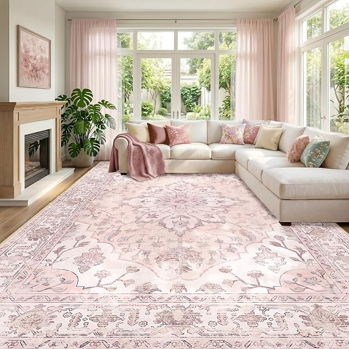 RELEANY Area Rugs Large 10'x14' Washable Non-Slip, Floral Vintage Distress by RELEANY