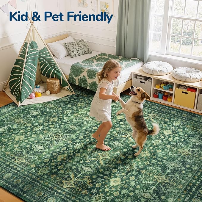 Lessymo Washable Area Rug for Living Room, 8x10 Green Large Rugs - Image 3