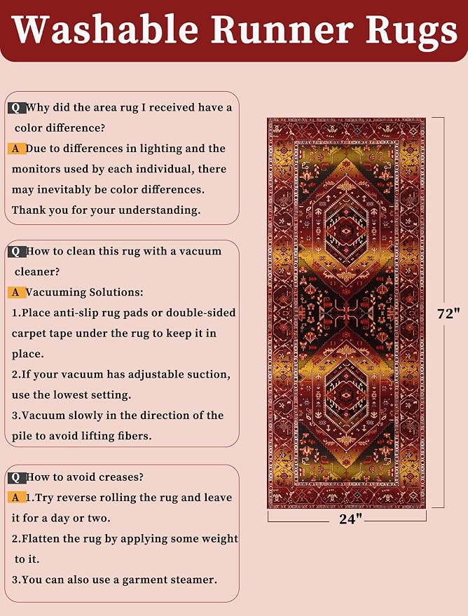 SERISSA Boho Washable Runner Rug, 2x6 Rug Runner Non-Slip Vintage Rustic Red - Image 6