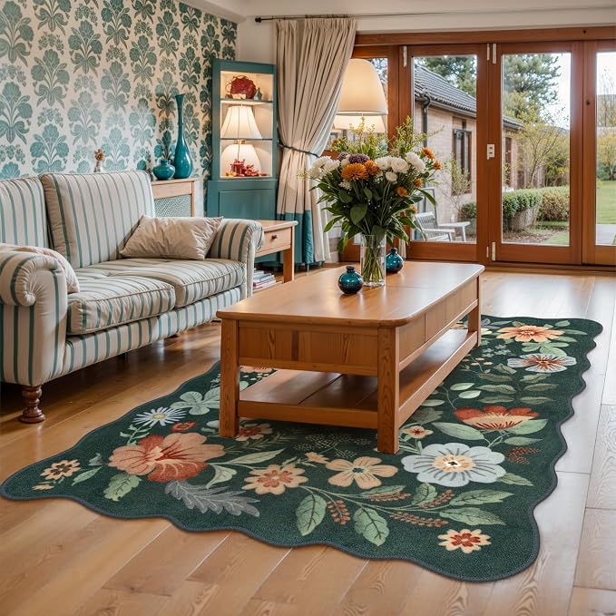 Lahome Floral Washable Rug- 4x6ft Green Bedroom Girls Ultra-Thin Soft Living - Image 2