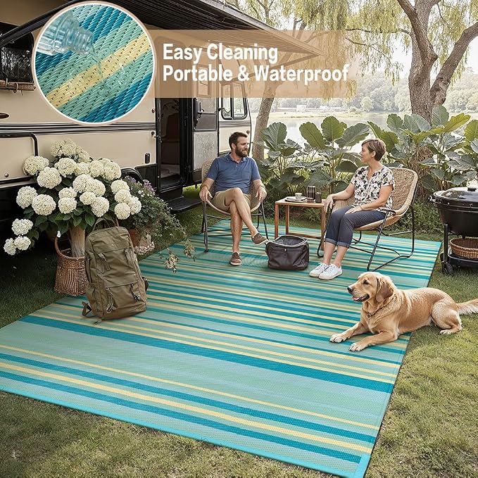 Outdoor Plastic Straw Rug Waterproof Patio 9x12 Teal Yellow Stripe Mat - Image 6