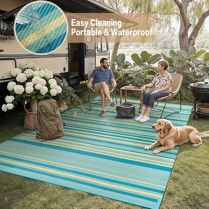 Outdoor Plastic Straw Rug Waterproof Patio 8x10 Teal Yellow Stripe Mat - Image 6