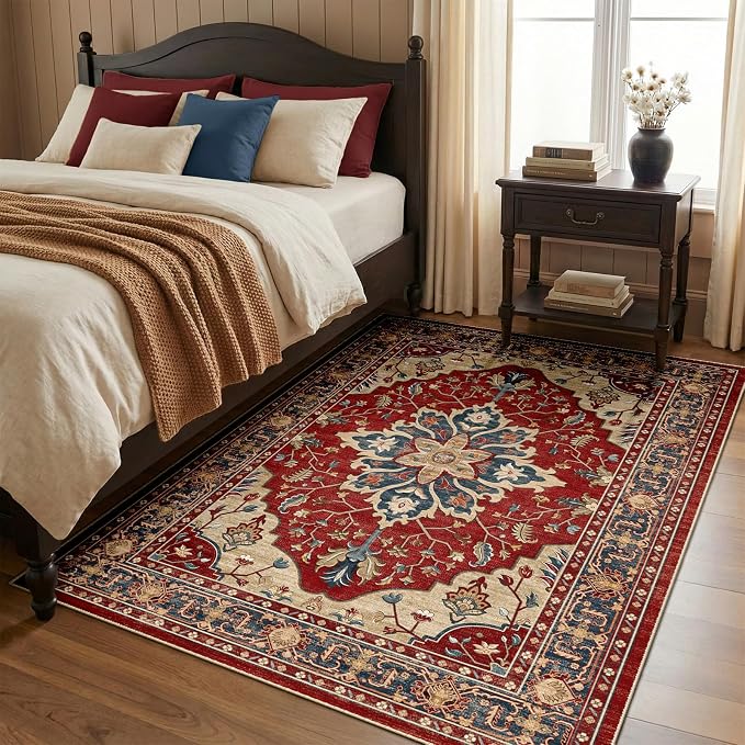 RELEANY Area Rugs 4'x5' Washable Non-Slip, Floral Vintage Distress Medallion by RELEANY