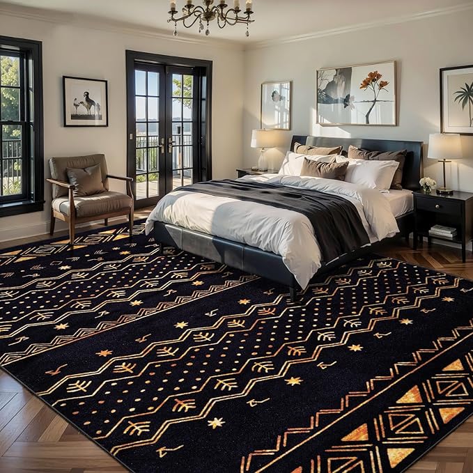 SERISSA 9x12 Area Rugs for Living Room, Washable Non-Slip Black and Gold Boho - Image 2