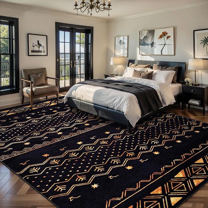 SERISSA 8x10 Area Rugs for Living Room, Washable Non-Slip Black and Gold Boho - Image 2