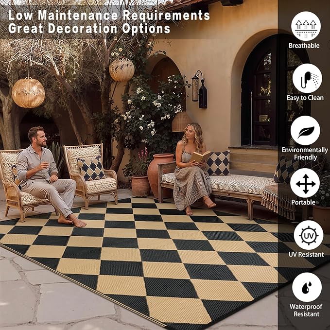 Outdoor Plastic Checkered Rug Waterproof Patio 8x10 Black Brown Diamond - Image 4