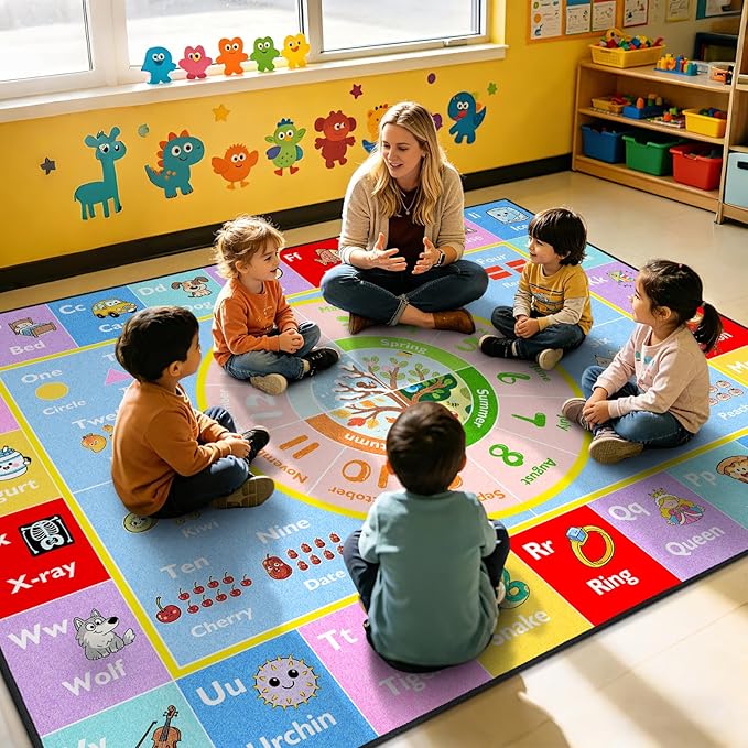 ABC Kids Rug for Playroom, 8x10 ft Alphabet Classroom Rug, Non-Slip Washable by GRAMBET
