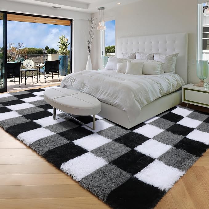 KICMOR Living Room Rugs 5x8, Fluffy Shag Fuzzy Plush Black White Grey Checkered - Image 3