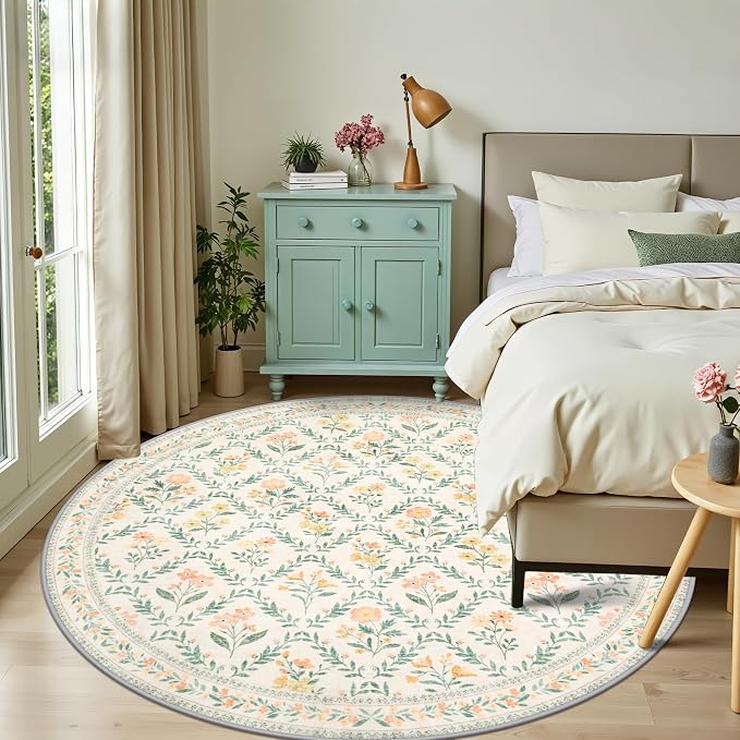 Round Area Rug for Living Room: 8 ft Floral Washable Circle Rug Soft Boho - Image 2
