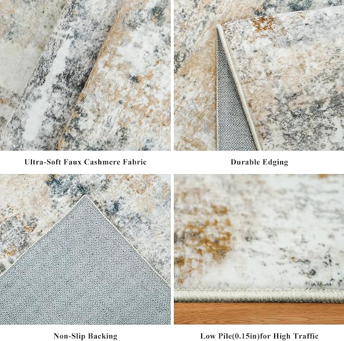 3x7 Washable Non-Slip Kitchen Runner Rug – Modern Abstract Neutral Beige & Gray - Image 5