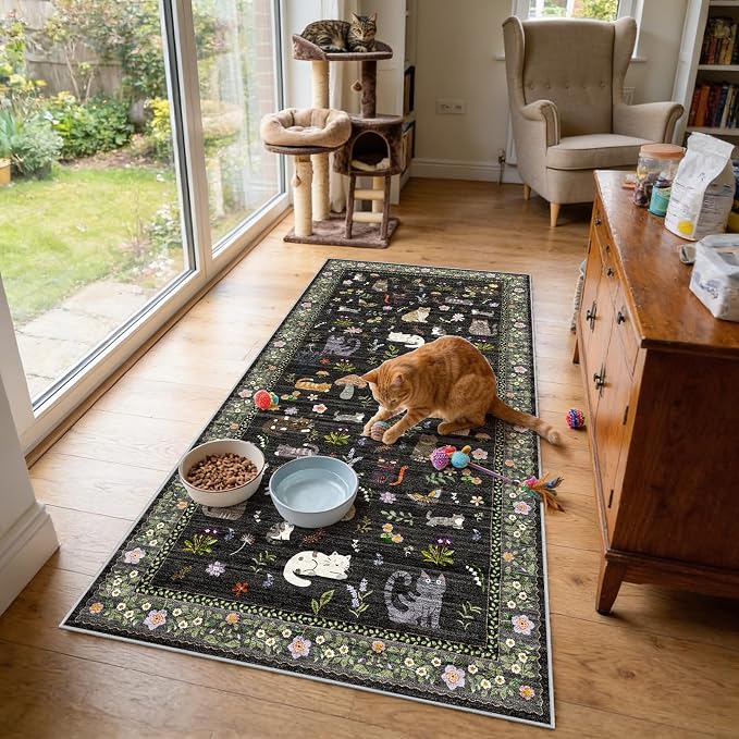 Washable 3x6 Kitchen Runner Rug: Non Slip Soft Low Pile Animal Cat Print Carpet by Puino