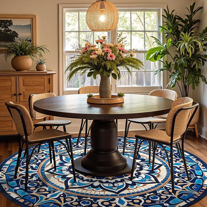 jinchan Mandala Round Rug 7ft Blue Boho Washable Rug Moroccan 7' Round Modern by JINCHAN