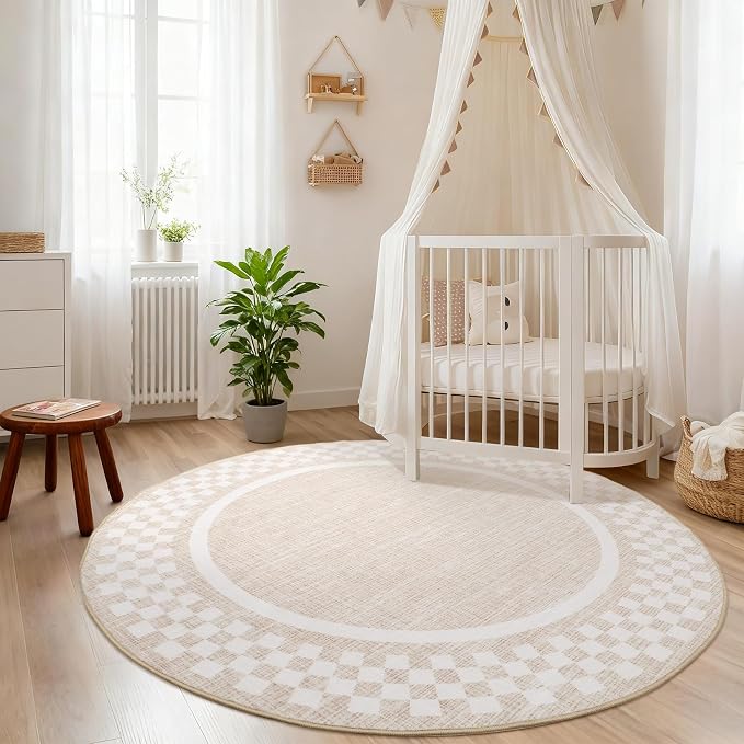 6ft Washable Round Rug for Entryway Modern Checkered Bedroom Circle Rug Non - Image 2