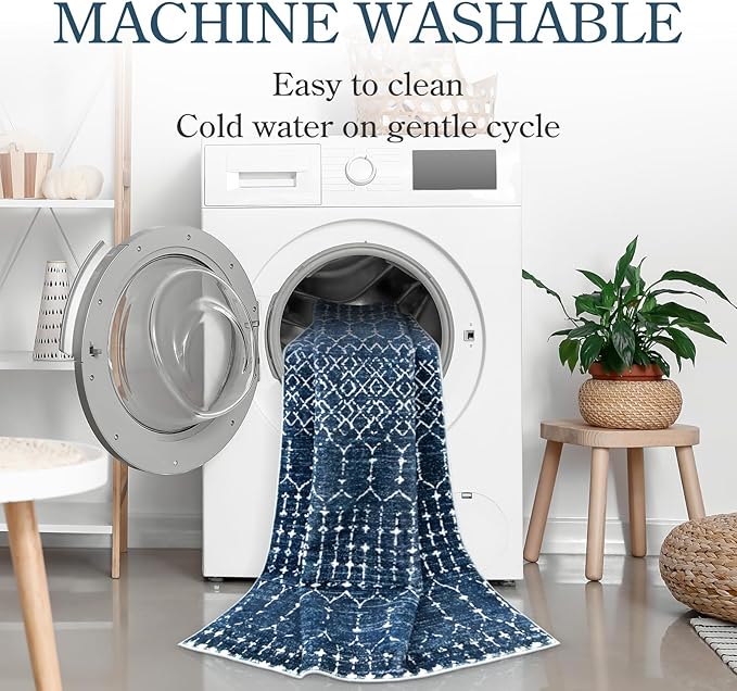 Lahome Moroccan Blue Runner Rug 2x6 Rug Non-Slip Stain Resistant Kitchen Rug - Image 3