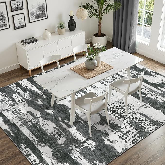 DCX Abstract Area Rug 9x12, Washable Black Modern Rug - Image 4