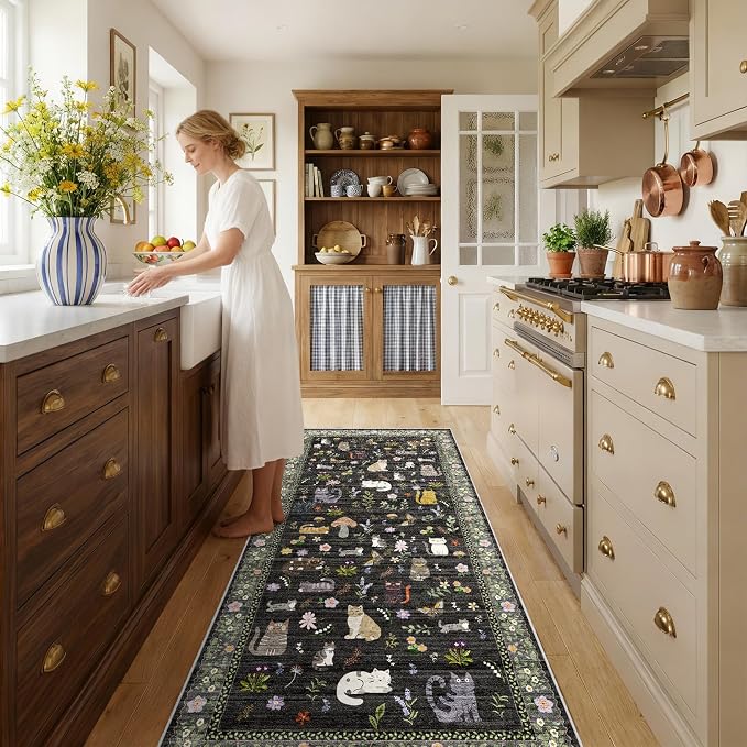 Washable 3x6 Kitchen Runner Rug: Non Slip Soft Low Pile Animal Cat Print Carpet - Image 2