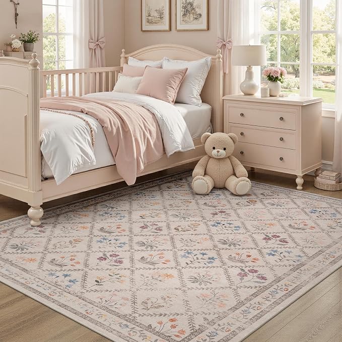 DCX Washable 4x6 Rose Biege Floral Rug by DCXWashableRug