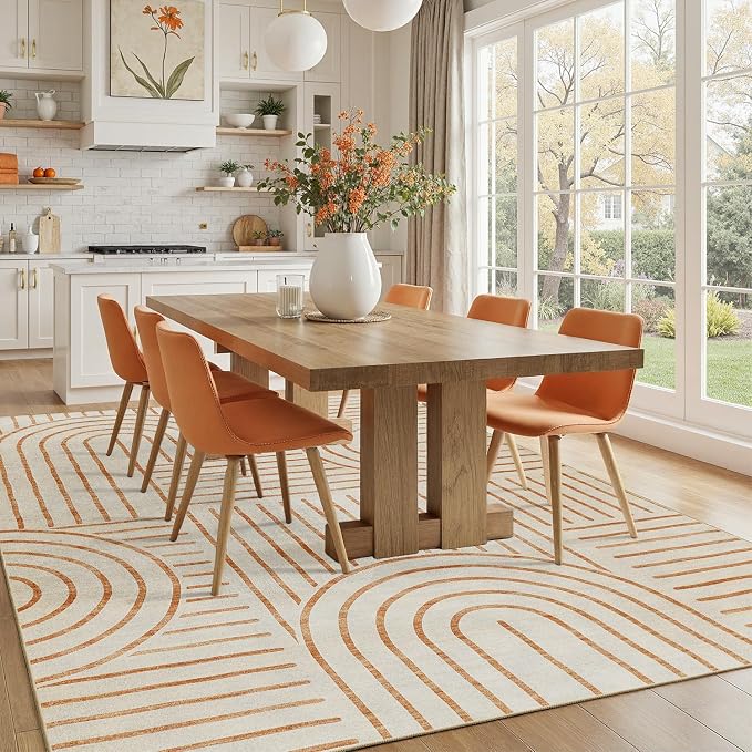 DCX Beige Machine Washable 8x10 Area Rugs, Midcentury Modern Non Slip Stain - Image 2
