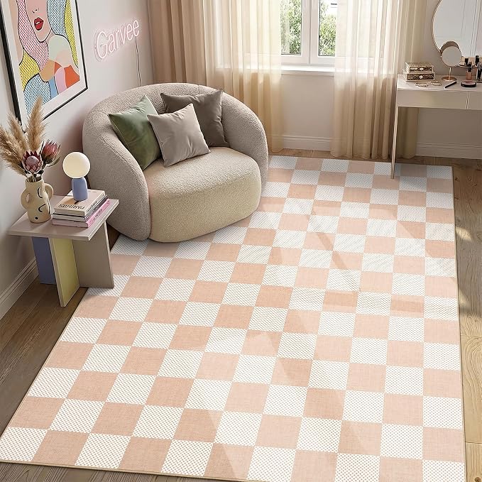 GarveeHome Checkered Blush Beige Neutral Nursery Kids Playroom 3x5 Washable Rug - Image 3