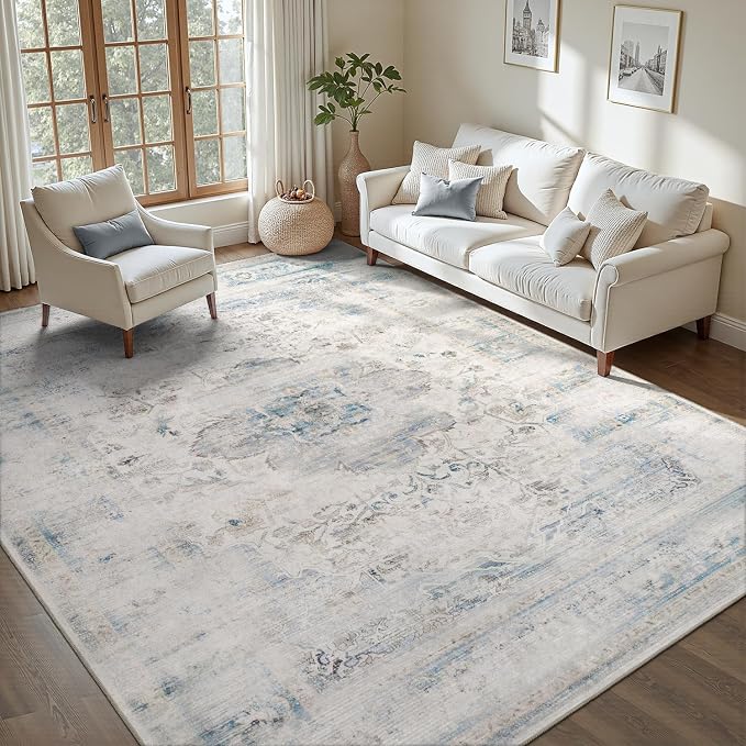 DCX 5x7 Haze Blue Rug, Machine Washable Stain Resistant Distressed Vintage Rug - Image 2