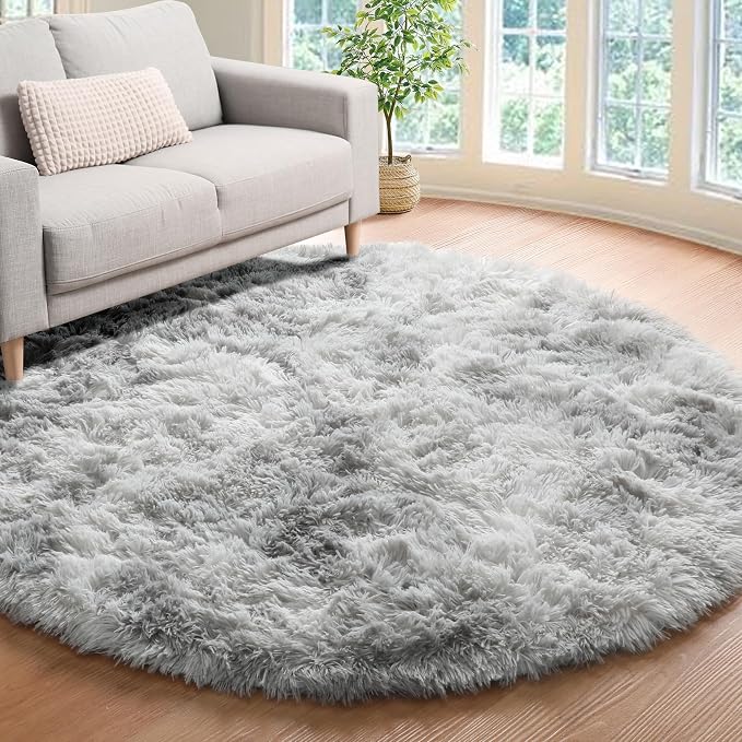 ONASAR Round Rugs 5ft for Bedroom Living Room, Fluffy Tie-Dyed Light Grey - Image 8