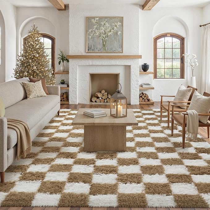 PureCozy 8x10 Area Rugs for Living Room Brown Soft Shag Checkered Large Rug by PureCozy