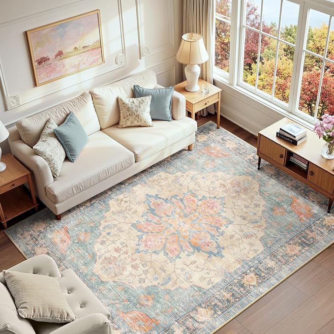 RELEANY Area Rugs 6'x8' Washable Non-Slip, Floral Vintage Distress Medallion by RELEANY