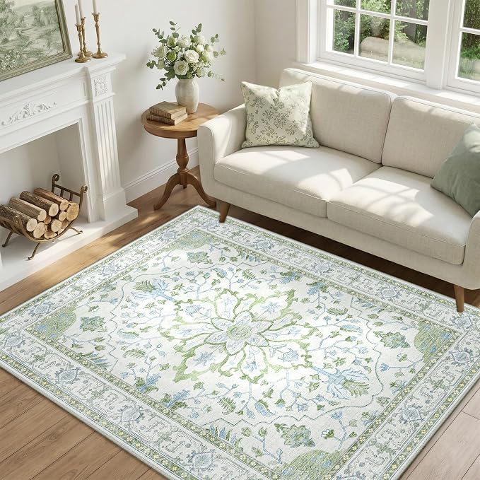 RELEANY Area Rugs 4'x5' Washable Non-Slip, Floral Vintage Distress Medallion by RELEANY