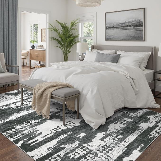 DCX Abstract Area Rug 8x10, Washable Black Modern Rug - Image 2