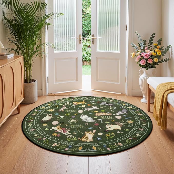 Unirea 4x4 Dark Green Cat Round Area Rugs, Washable Soft Non Slip Circle Rug - Image 3