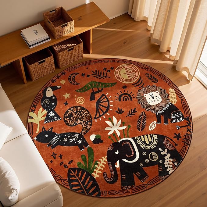jinchan 5ft Cute Round Rug Kids Washable Fun Rug Terracotta Boho Jungle Indoor by JINCHAN