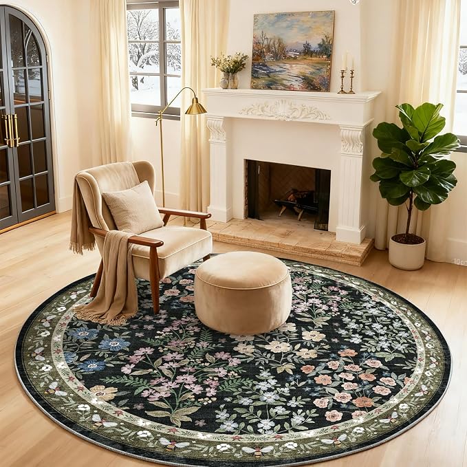 Washable Round Rugs for Bedroom 4ft: Living Room Rug Stain Resistant Non Slip by palohom