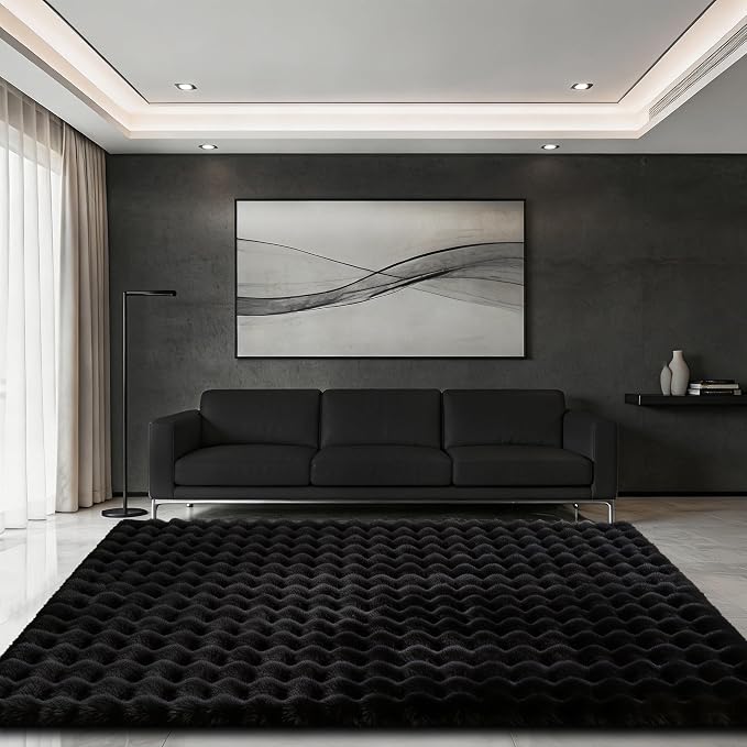 Black Rabbit Plush Rug 4'x6', Fluffy Shaggy Area Rug - Image 3