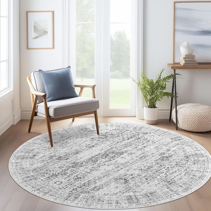 Soalmost 6x6 Grey Round Rug 6ft Living Room Circle Rug Gray Vintage Round Area - Image 8