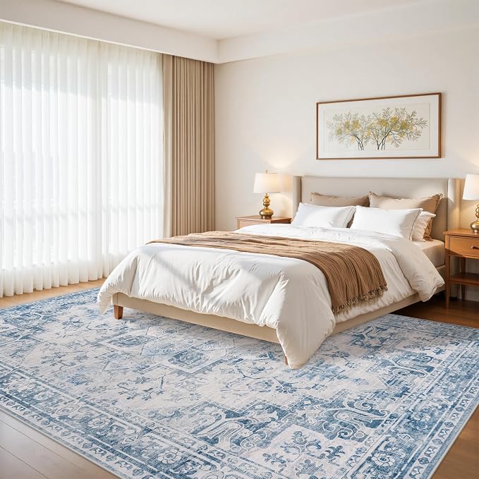 8x10 Area Rugs for Living Room:Blue Washable Vintage Medallion Boho Rug - Image 2